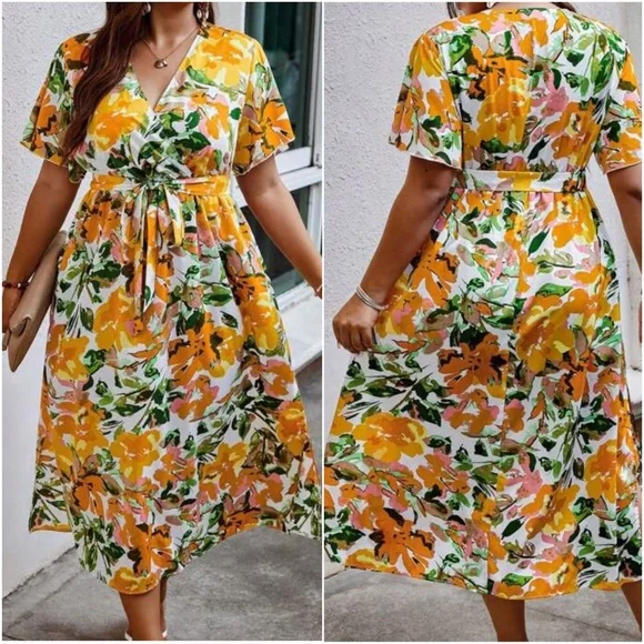 Plus Floral Print Butterfly Sleeve Dress - Picture 3 of 8